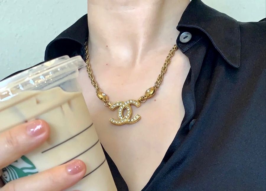 Chanel Vintage雙面萊茵石水鑽鍍金項鍊-0