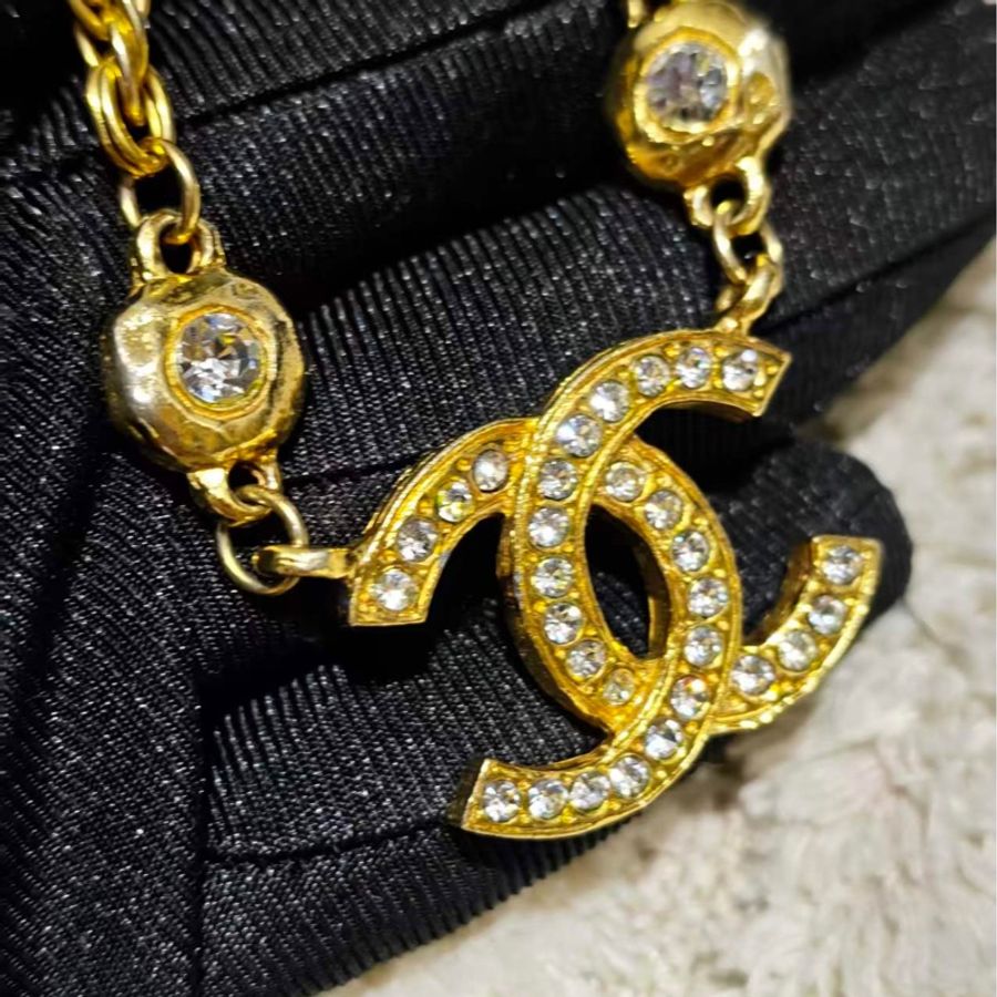 Chanel Vintage雙面萊茵石水鑽鍍金項鍊-24