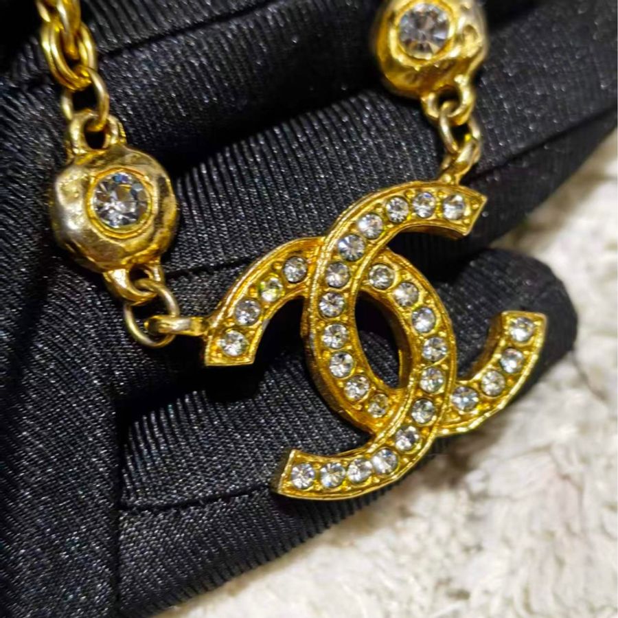 Chanel Vintage雙面萊茵石水鑽鍍金項鍊-25