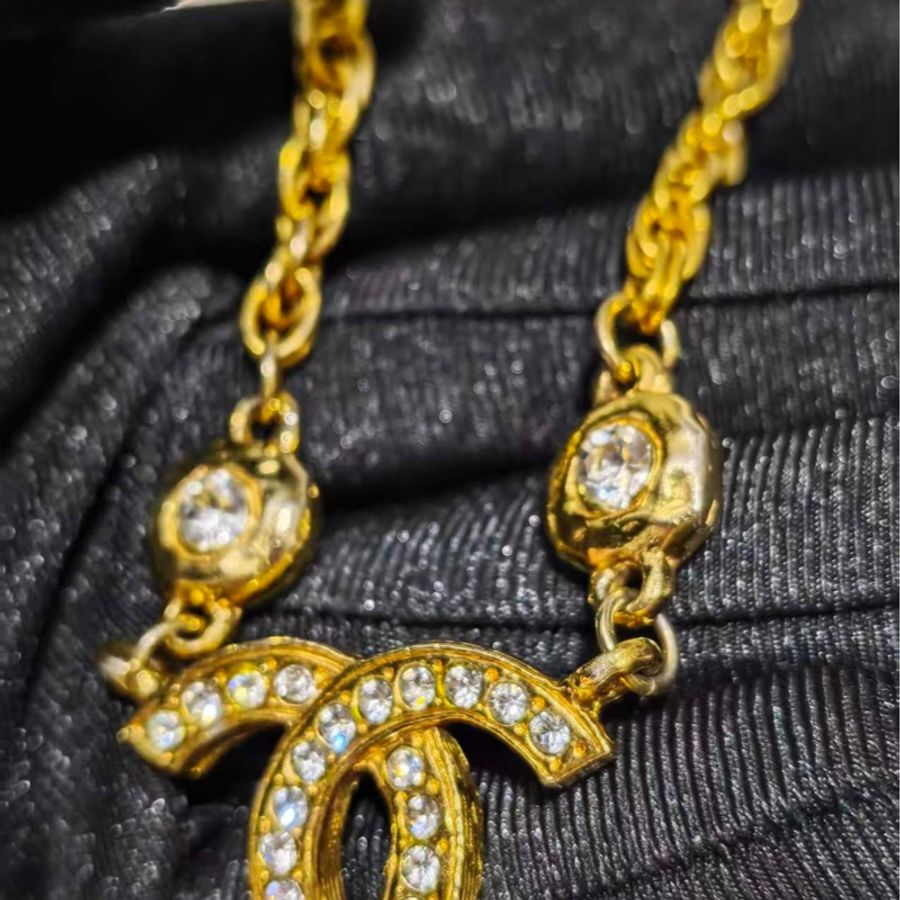 Chanel Vintage雙面萊茵石水鑽鍍金項鍊-27