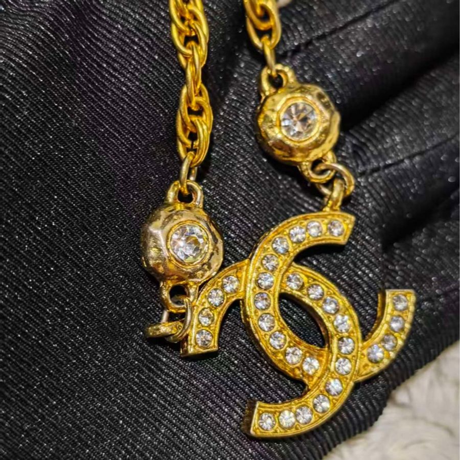 Chanel Vintage雙面萊茵石水鑽鍍金項鍊-28