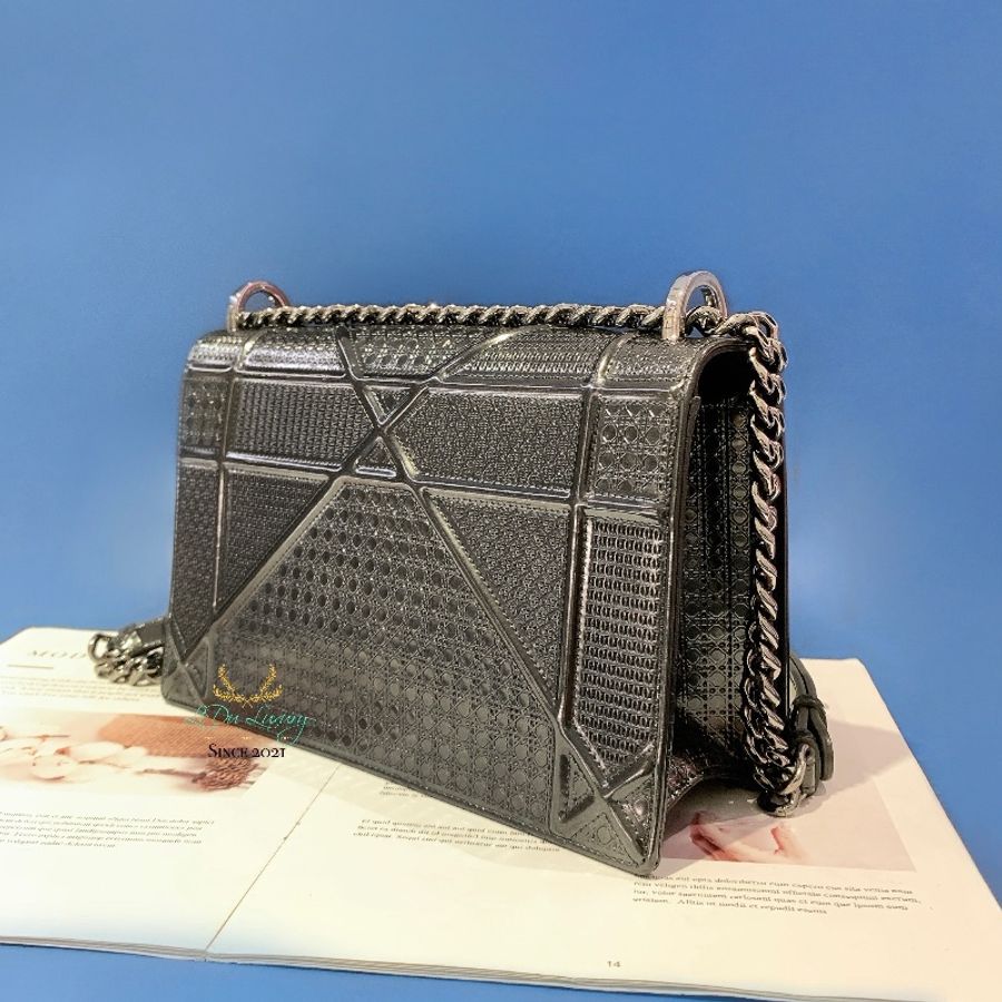 DIOR Ama 黑色 漆牛皮 銀釦 盾牌 壓釦鍊包 口蓋包 兩用包-3