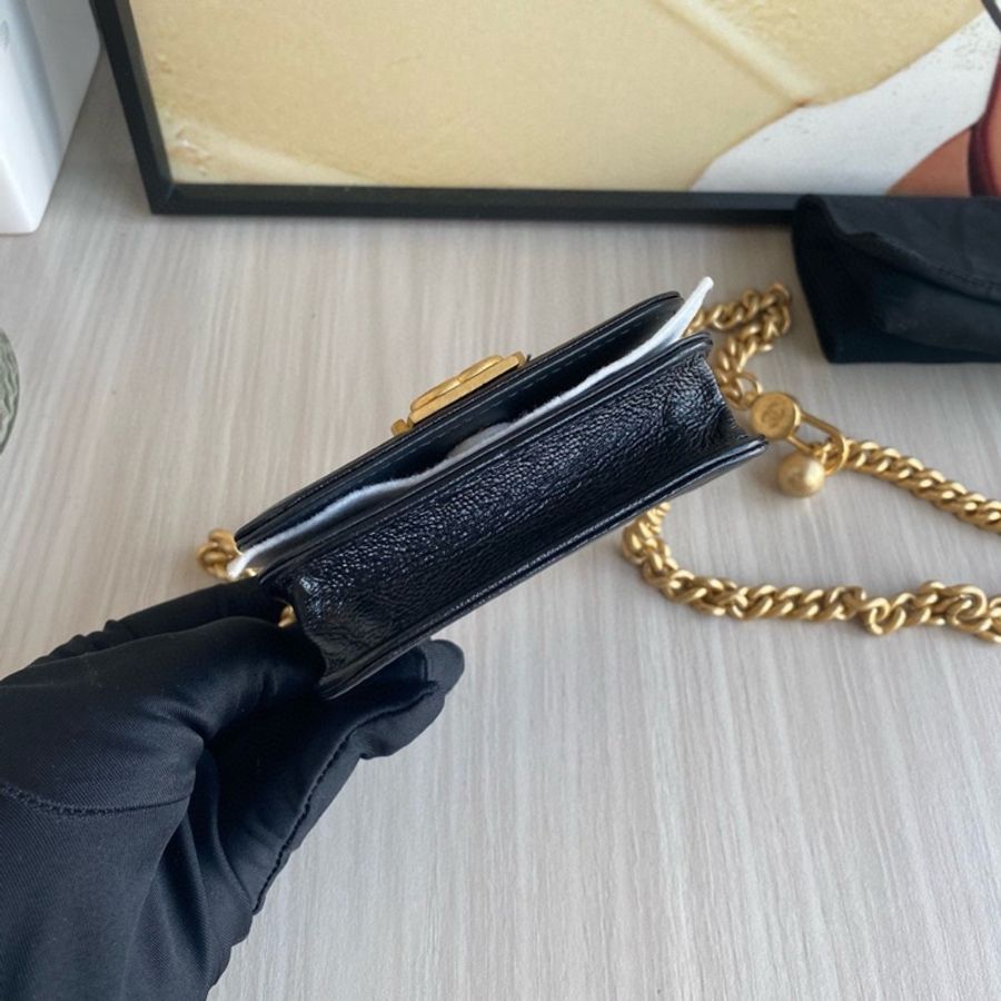 CHANEL Leboy 黑金荔枝紋牛皮 金珠斜挎包-3