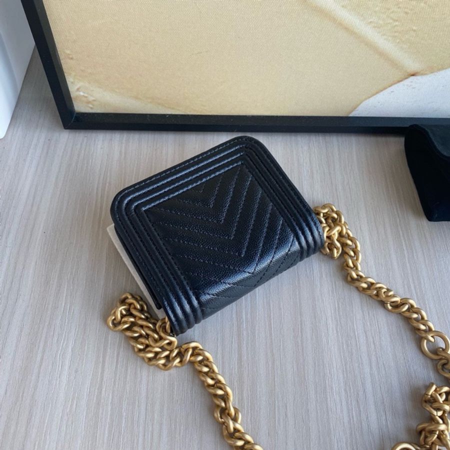 CHANEL Leboy 黑金荔枝紋牛皮 金珠斜挎包-5