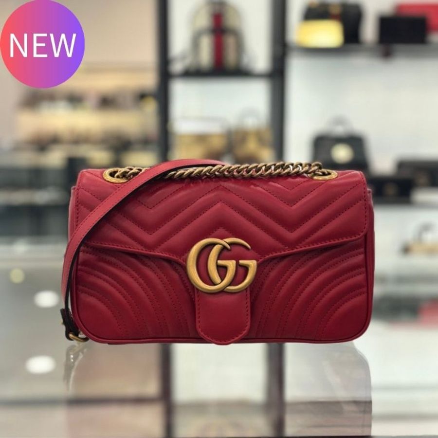🎁當季特價🎁Gucci 443497 GG Marmont 小款 26公分衍縫包 紅色-0