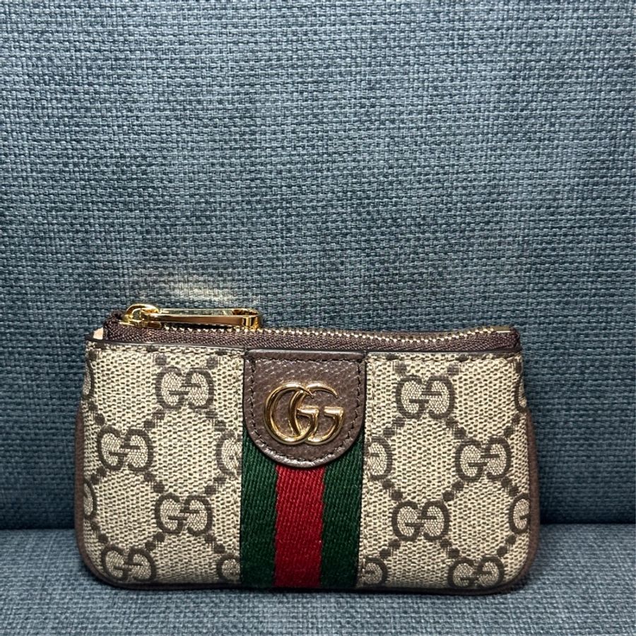 GUCCI 古馳 經典Ophidia GG印花帆布牛皮飾邊拉鍊鑰匙/零錢包(烏木色671722-96IW-8745)-0