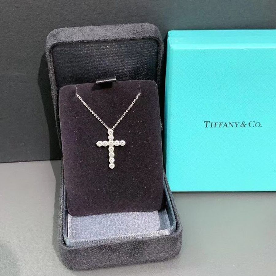 Tiffany十字架中白金滿鑽項鍊-0