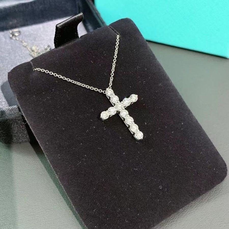 Tiffany十字架中白金滿鑽項鍊-3