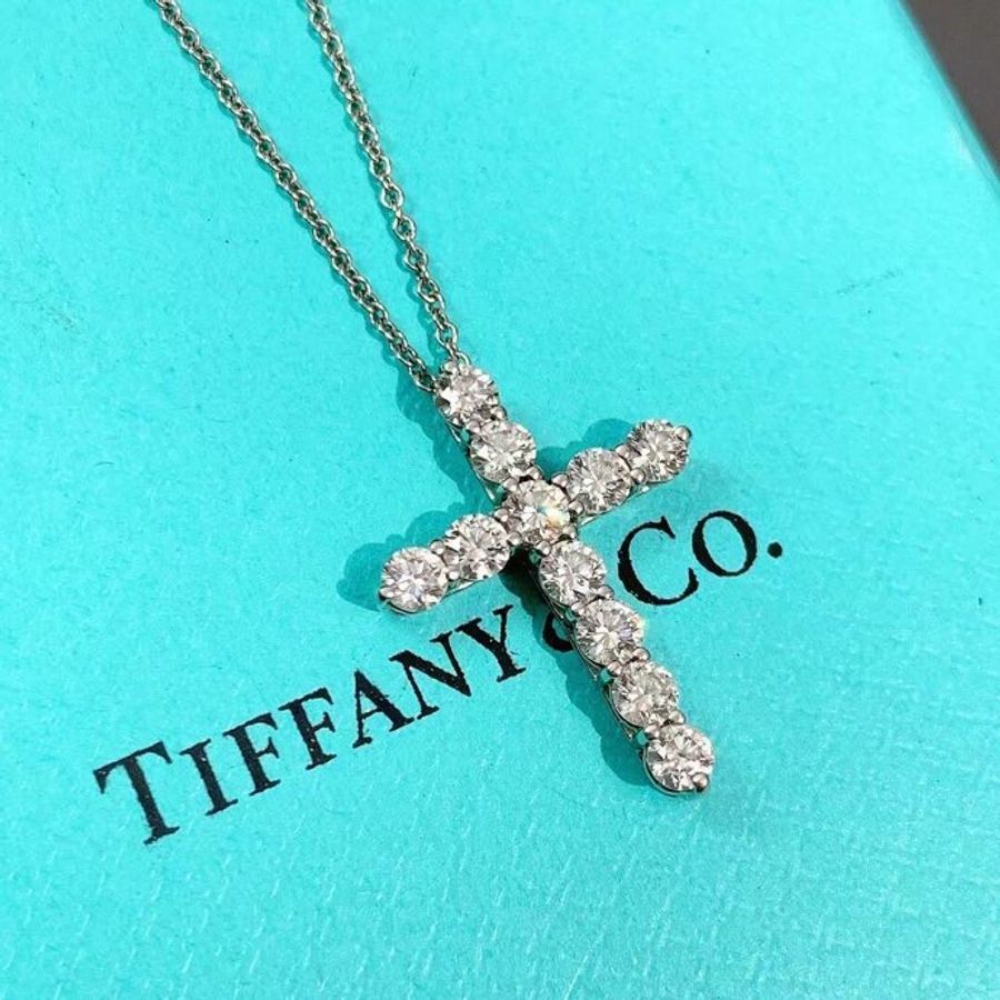 Tiffany十字架中白金滿鑽項鍊-16