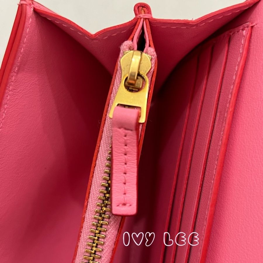 BOTTEGA VENETA 大格編織撞色翻蓋釦式長夾(紅/亮桃) 芭比粉 長夾 二手精品-14