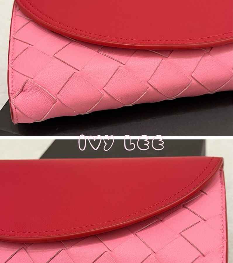 BOTTEGA VENETA 大格編織撞色翻蓋釦式長夾(紅/亮桃) 芭比粉 長夾 二手精品-17