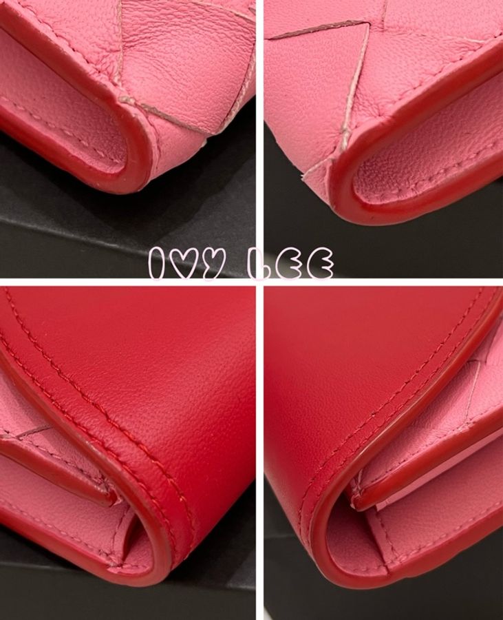 BOTTEGA VENETA 大格編織撞色翻蓋釦式長夾(紅/亮桃) 芭比粉 長夾 二手精品-18