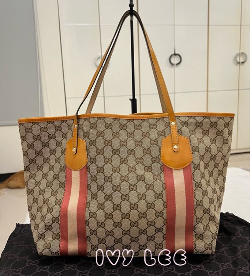Gucci 211970 GG Sherry Line 黃漆皮 紅橘織帶 托特包 通勤包肩背包 二手精品-0