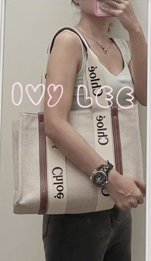 CHLOE Medium Woody 中款 帆布 托特包 通勤包 燕麥色 棕色 二手精品-22