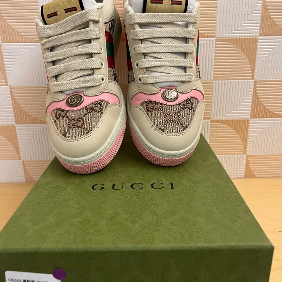 GUCCI Screener皮革拼接水晶雙G髒髒運動鞋-5