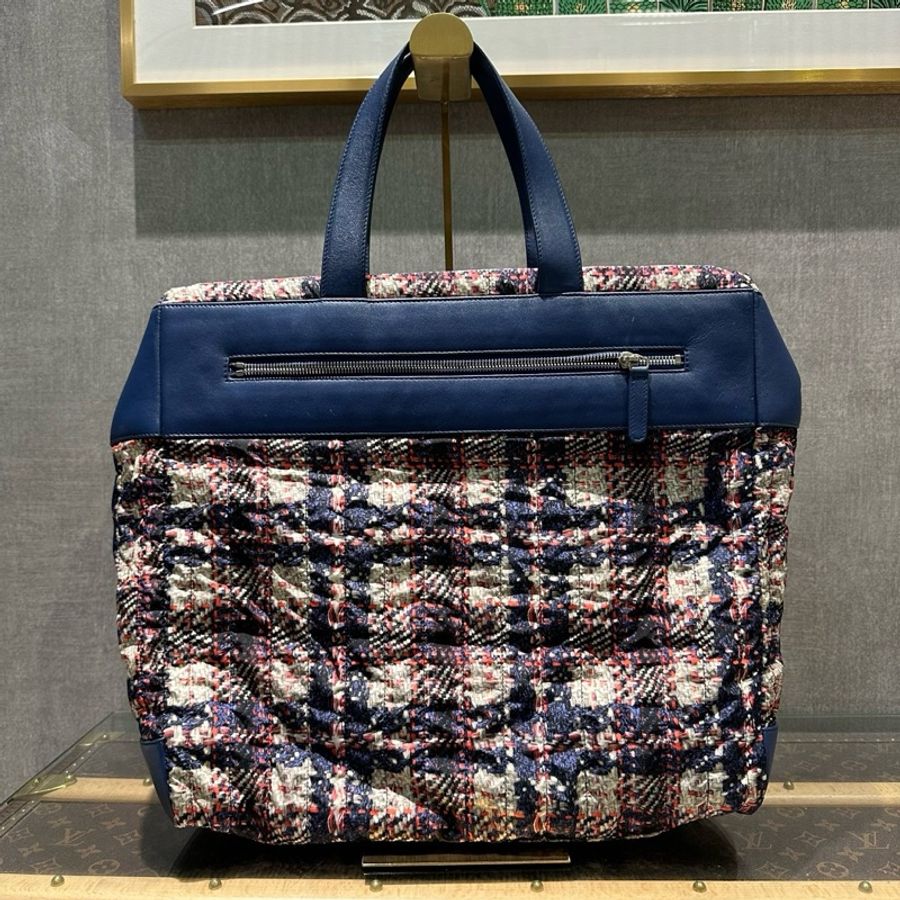 CHANEL 香奈兒毛呢拼皮深藍色手提托特包-1