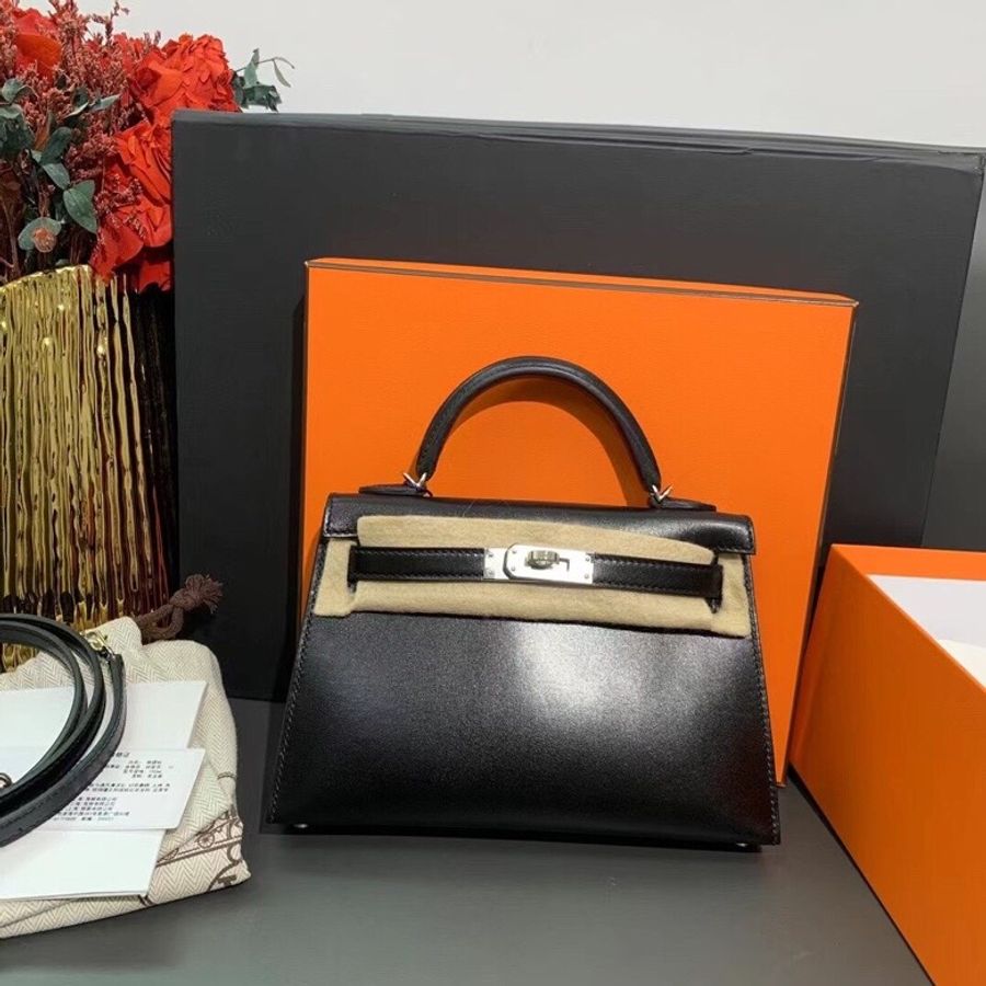 Hermes愛馬仕mini Kelly二代黑色box皮銀扣U刻-0
