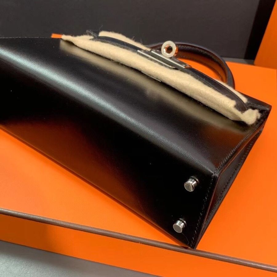 Hermes愛馬仕mini Kelly二代黑色box皮銀扣U刻-3