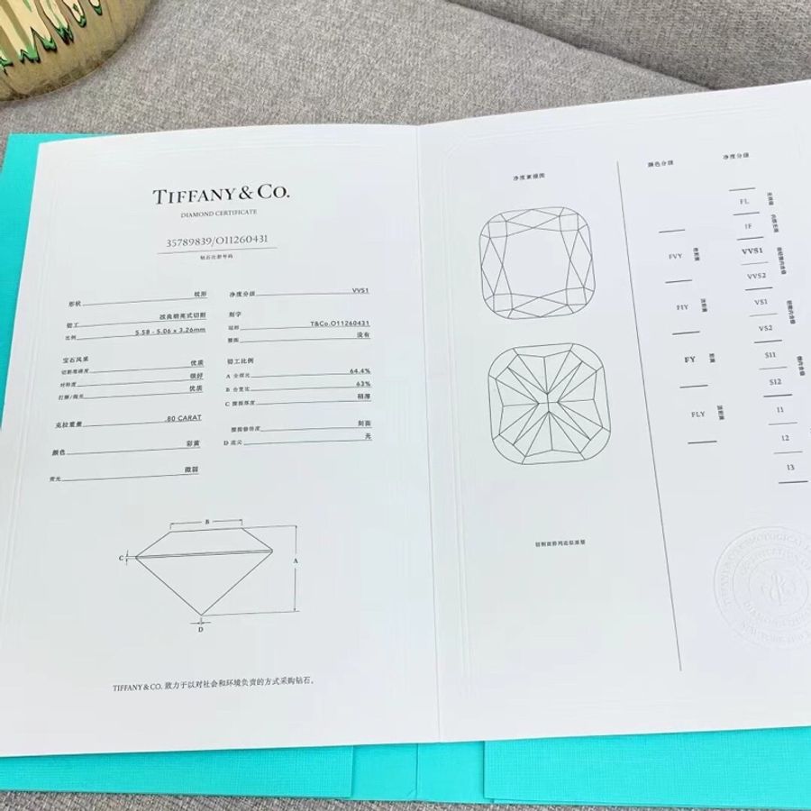 Tiffany&Co 蒂芙尼80份黃鑽豪華鑲鑽戒指52號,等級:0.80/FIY/vvs1-7