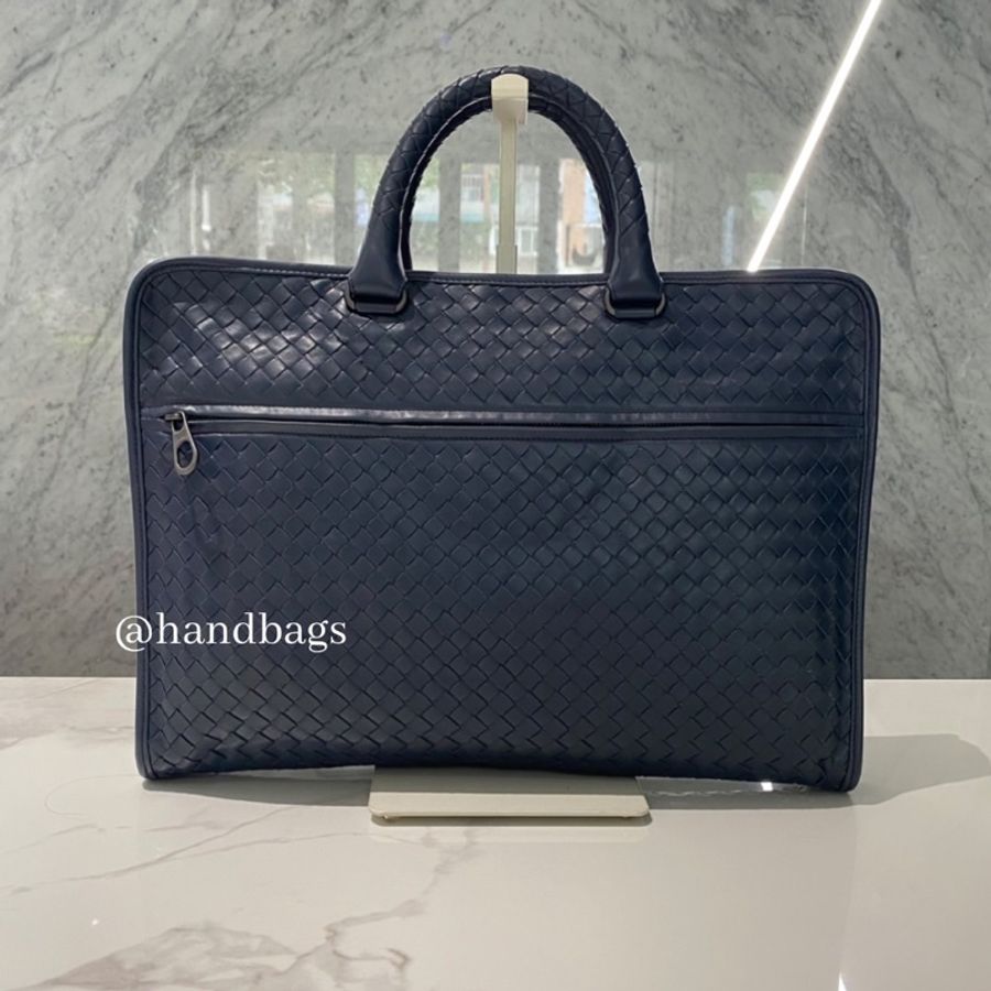 Bottega Veneta BV  深藍色 小牛皮 編織 公事 電腦包 248395-0