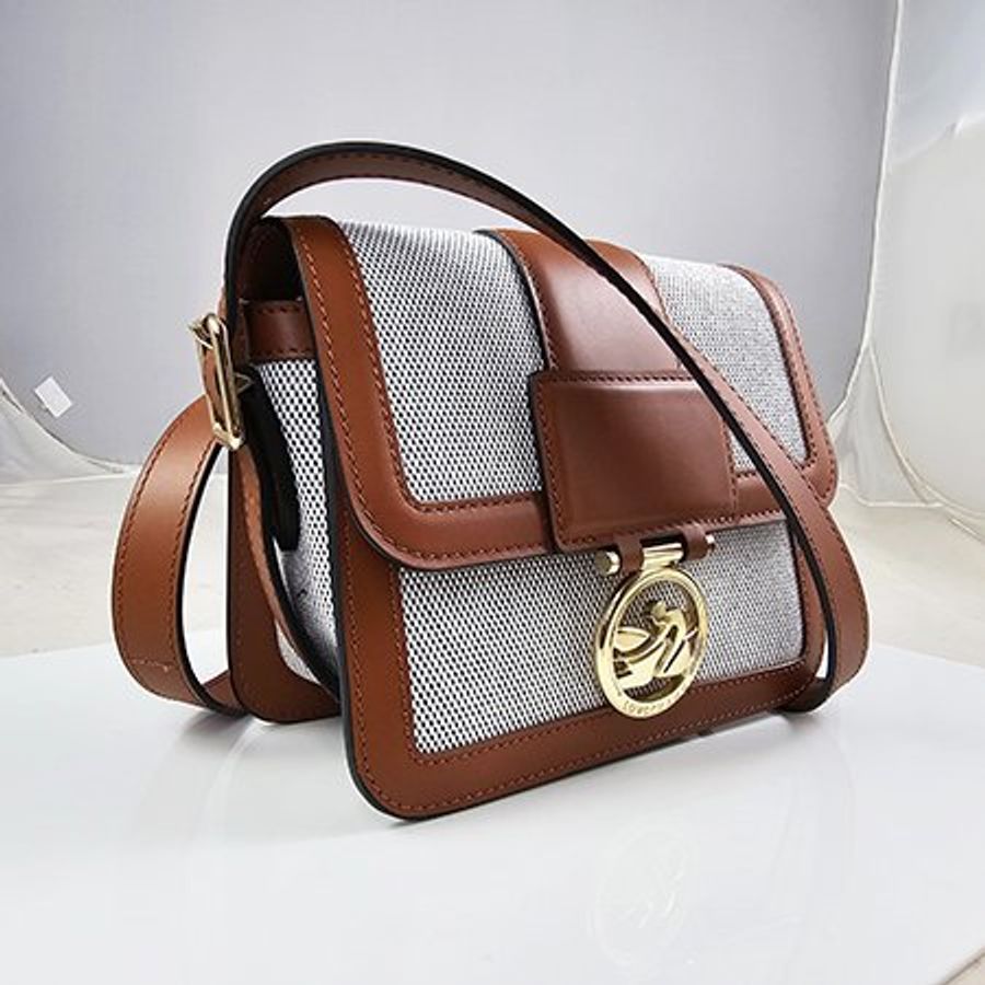 LONGCHAMP 焦糖色牛皮拼帆布 BOX-TROT 系列 金屬 LOGO 斜背包-1