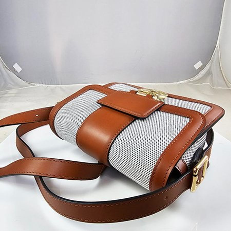 LONGCHAMP 焦糖色牛皮拼帆布 BOX-TROT 系列 金屬 LOGO 斜背包-2