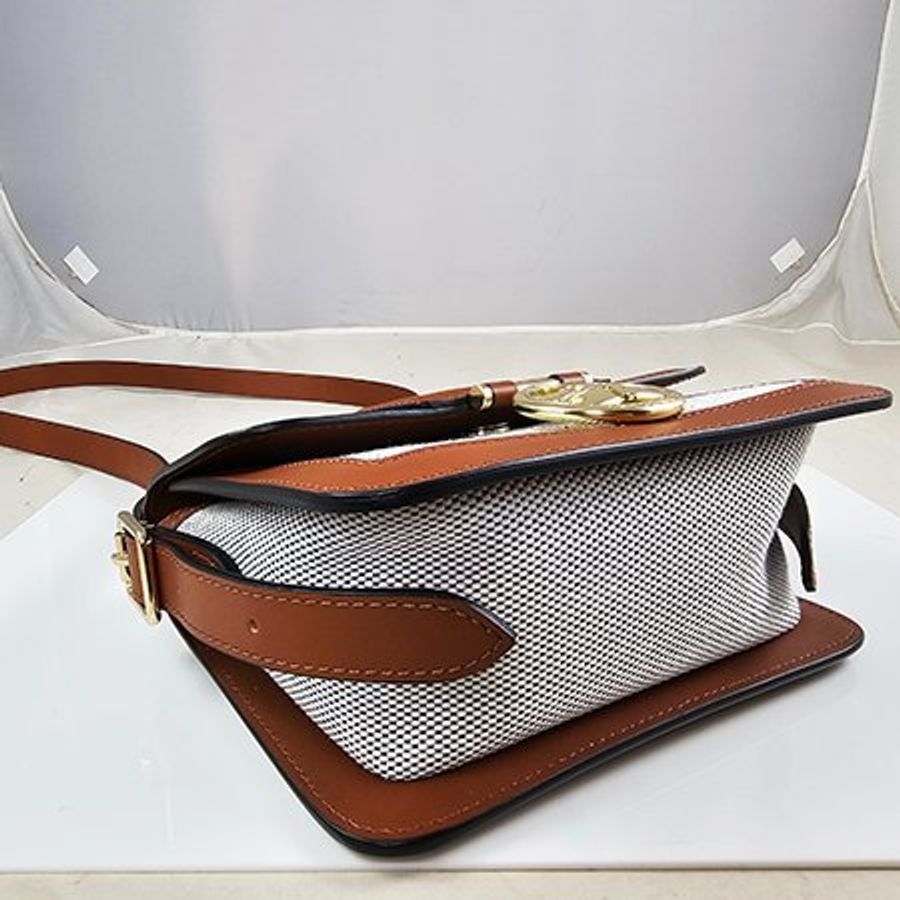 LONGCHAMP 焦糖色牛皮拼帆布 BOX-TROT 系列 金屬 LOGO 斜背包-3