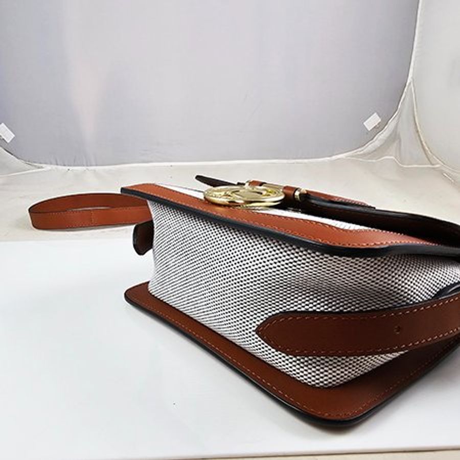 LONGCHAMP 焦糖色牛皮拼帆布 BOX-TROT 系列 金屬 LOGO 斜背包-4