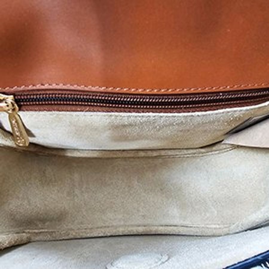 LONGCHAMP 焦糖色牛皮拼帆布 BOX-TROT 系列 金屬 LOGO 斜背包-5