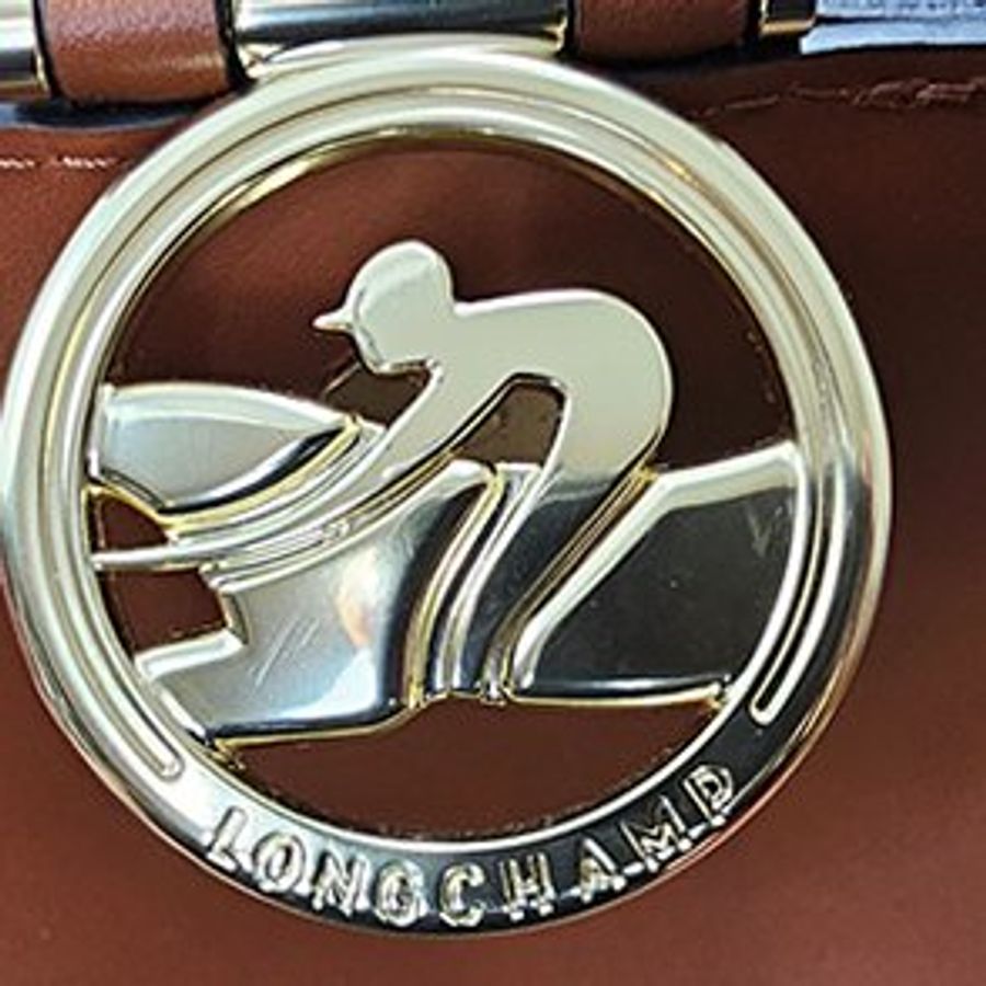 LONGCHAMP 焦糖色牛皮拼帆布 BOX-TROT 系列 金屬 LOGO 斜背包-6
