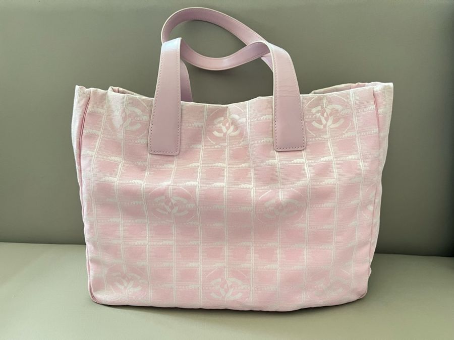 Chanel travel line tote粉色緹花購物包/肩背包-9