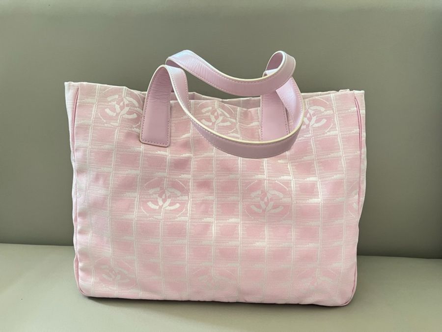 Chanel travel line tote粉色緹花購物包/肩背包-10