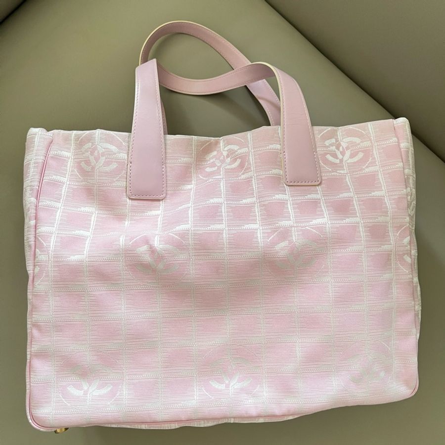 Chanel travel line tote粉色緹花購物包/肩背包-11