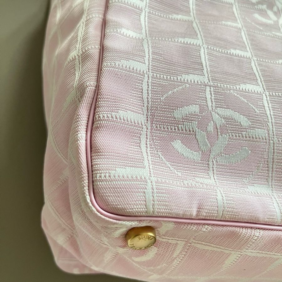 Chanel travel line tote粉色緹花購物包/肩背包-17
