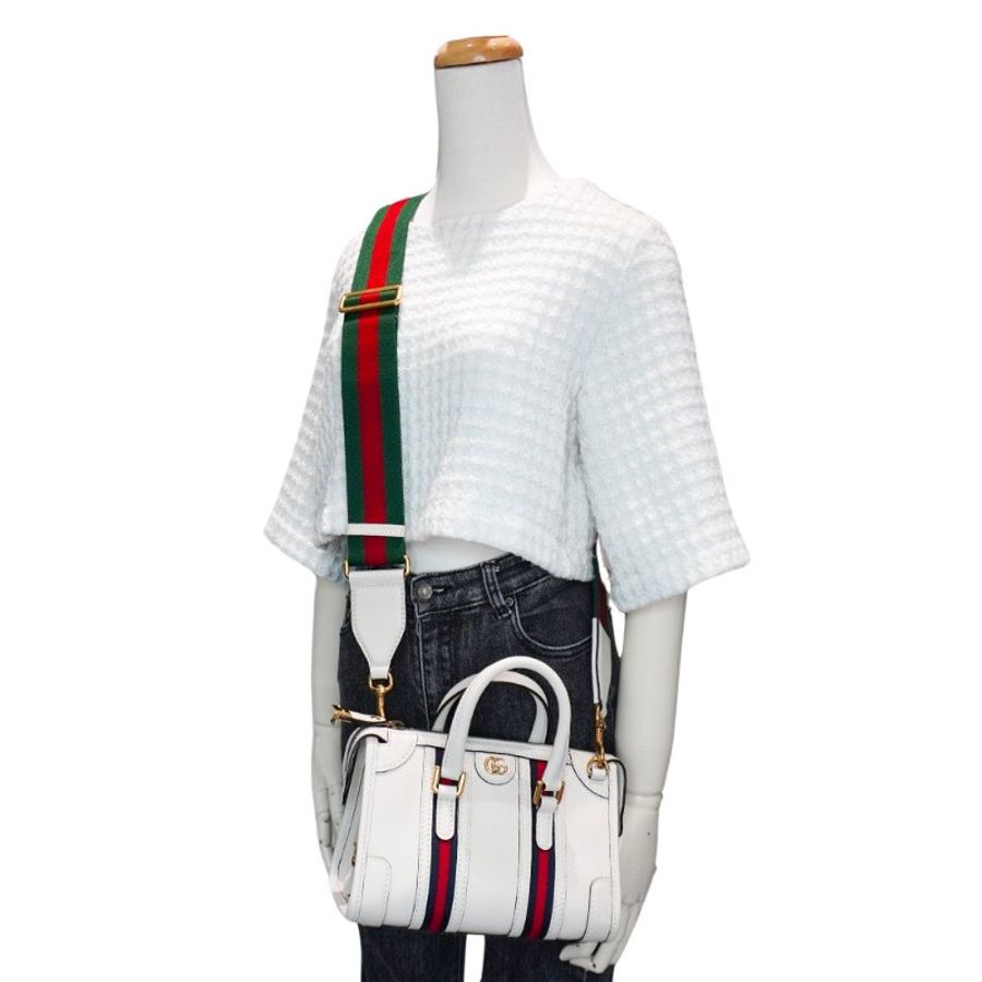 Gucci 展示品 金雙G織帶牛皮波士頓二用包(715771-白)-5