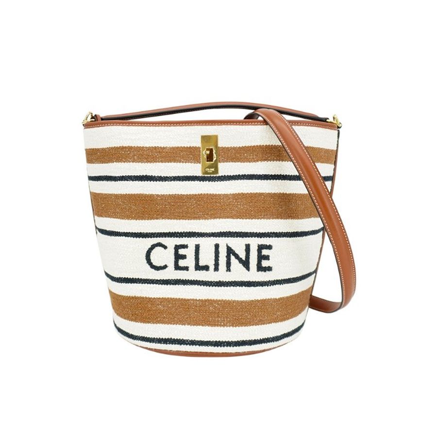 Celine Bucket 16 緹花條紋織物手提斜背水桶包(棕)-0