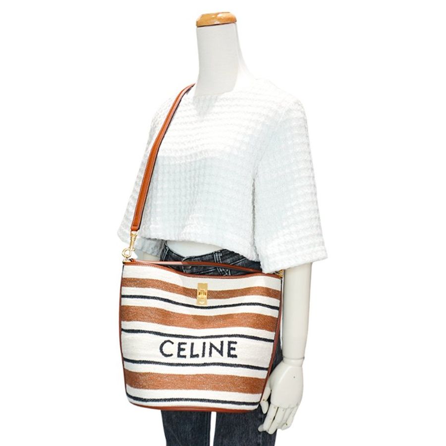 Celine Bucket 16 緹花條紋織物手提斜背水桶包(棕)-5