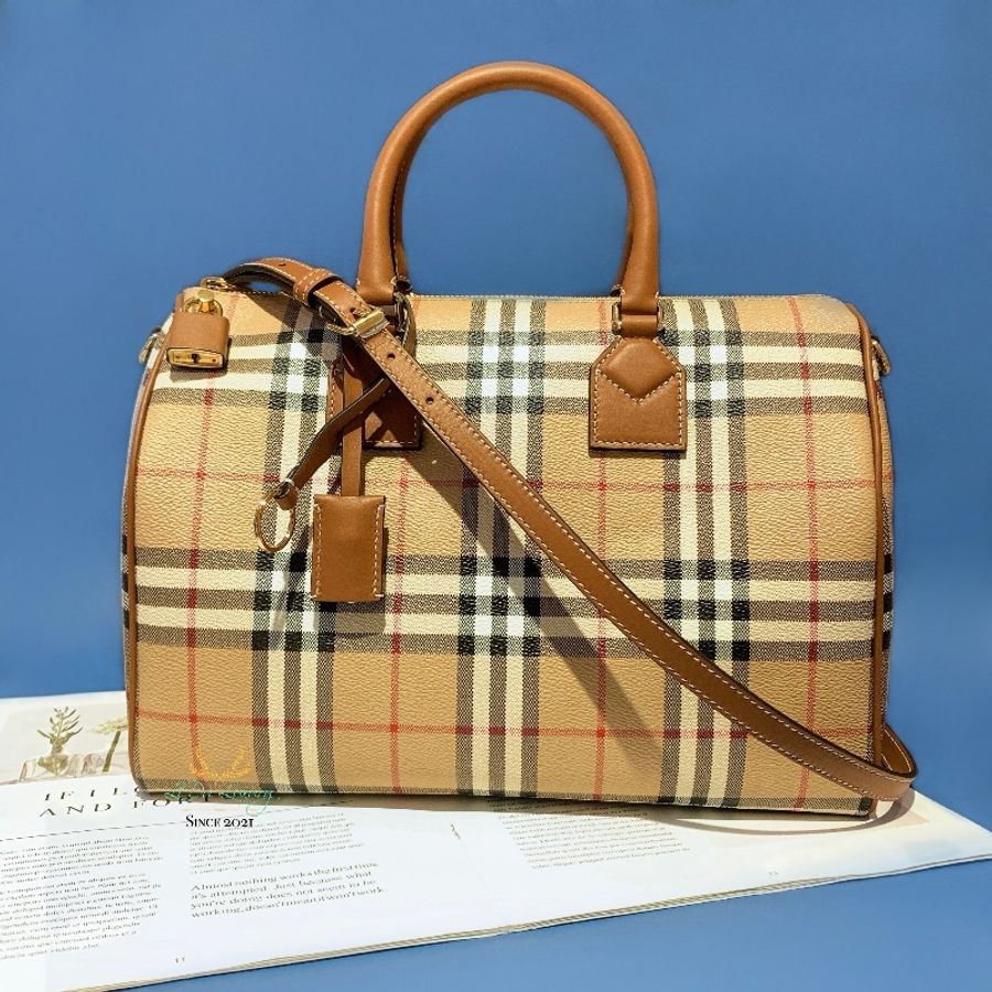 BURBERRY 80713551 中型格紋 x 棕色皮革波士頓包-0