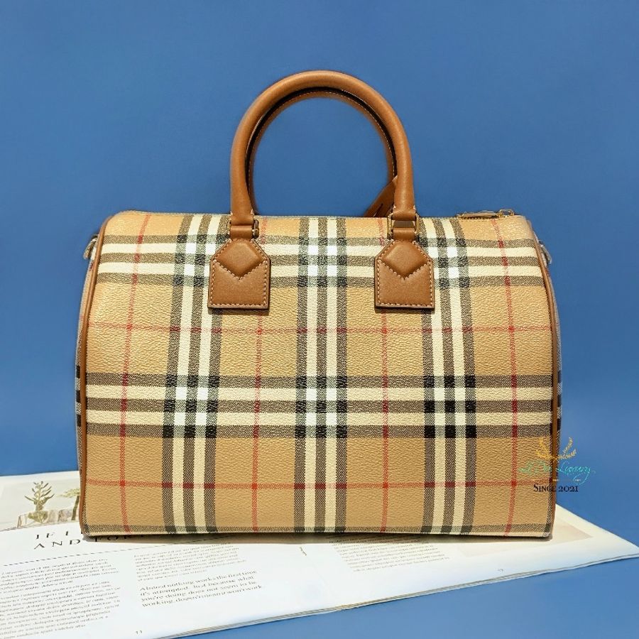 BURBERRY 80713551 中型格紋 x 棕色皮革波士頓包-2