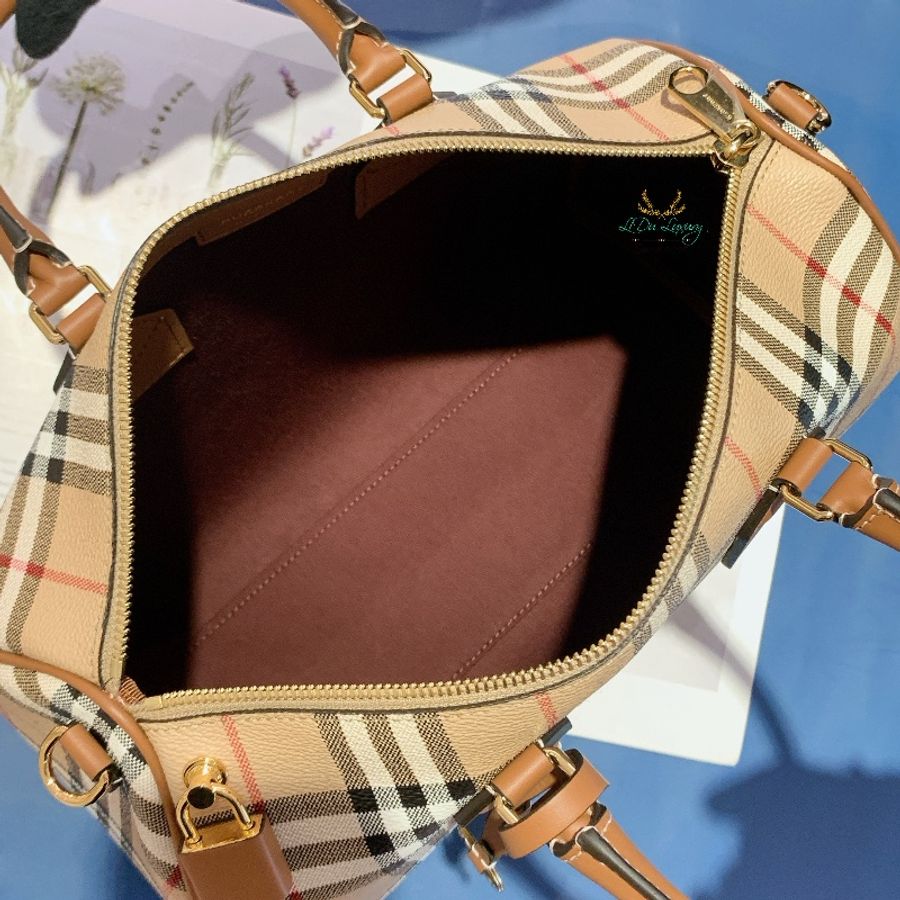 BURBERRY 80713551 中型格紋 x 棕色皮革波士頓包-3