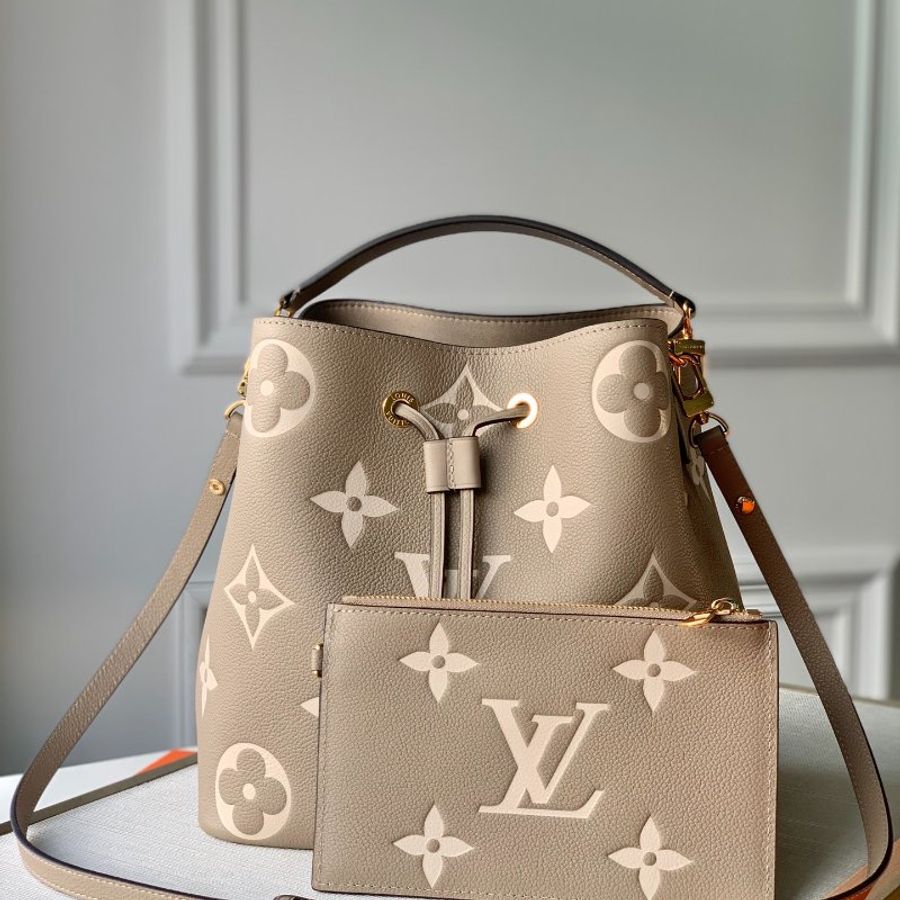 全新 未拆 Louis Vuitton LV路易威登 M45555 Neonoe MM 雙色壓花牛皮束口水桶包(附萬用包/斑鳩灰)-0