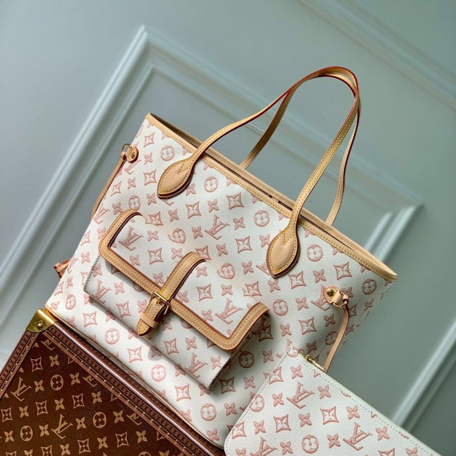 全新 未拆 LV Louis Vuitton路易威登 M20921經典Neverfull MM Monogram花紋牛皮手提/肩背托特包(奶油白色)-0
