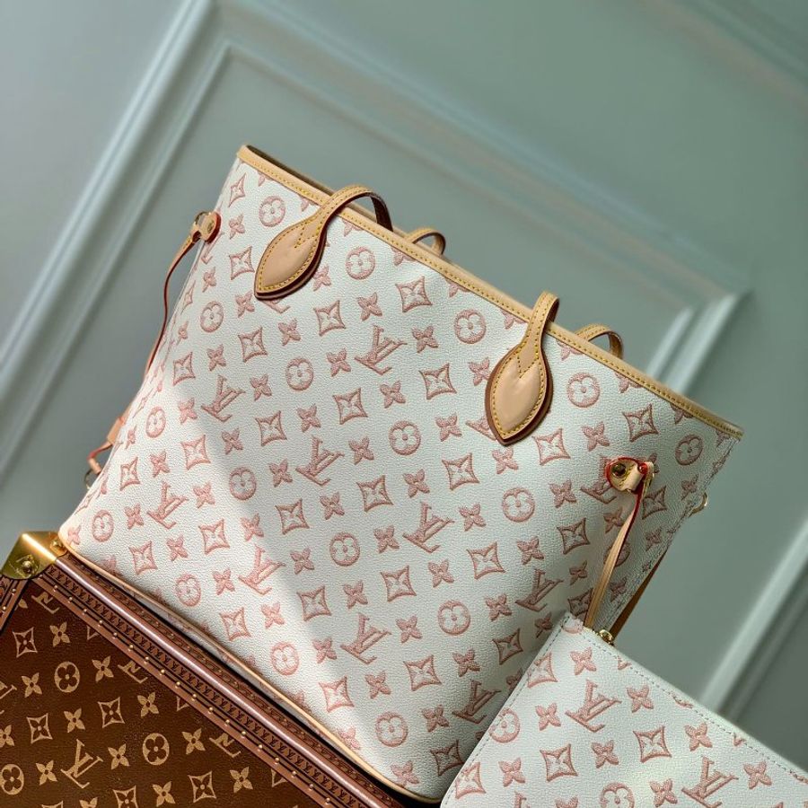 全新 未拆 LV Louis Vuitton路易威登 M20921經典Neverfull MM Monogram花紋牛皮手提/肩背托特包(奶油白色)-1