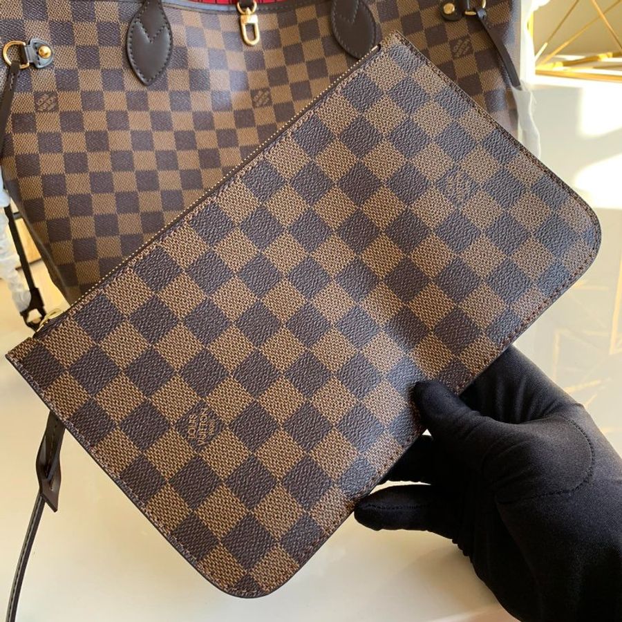 九成新 LOUIS VUITTON LV 棕色 棋盤格 PVC塗層帆布 Neverfull MM 托特包 N41358-7
