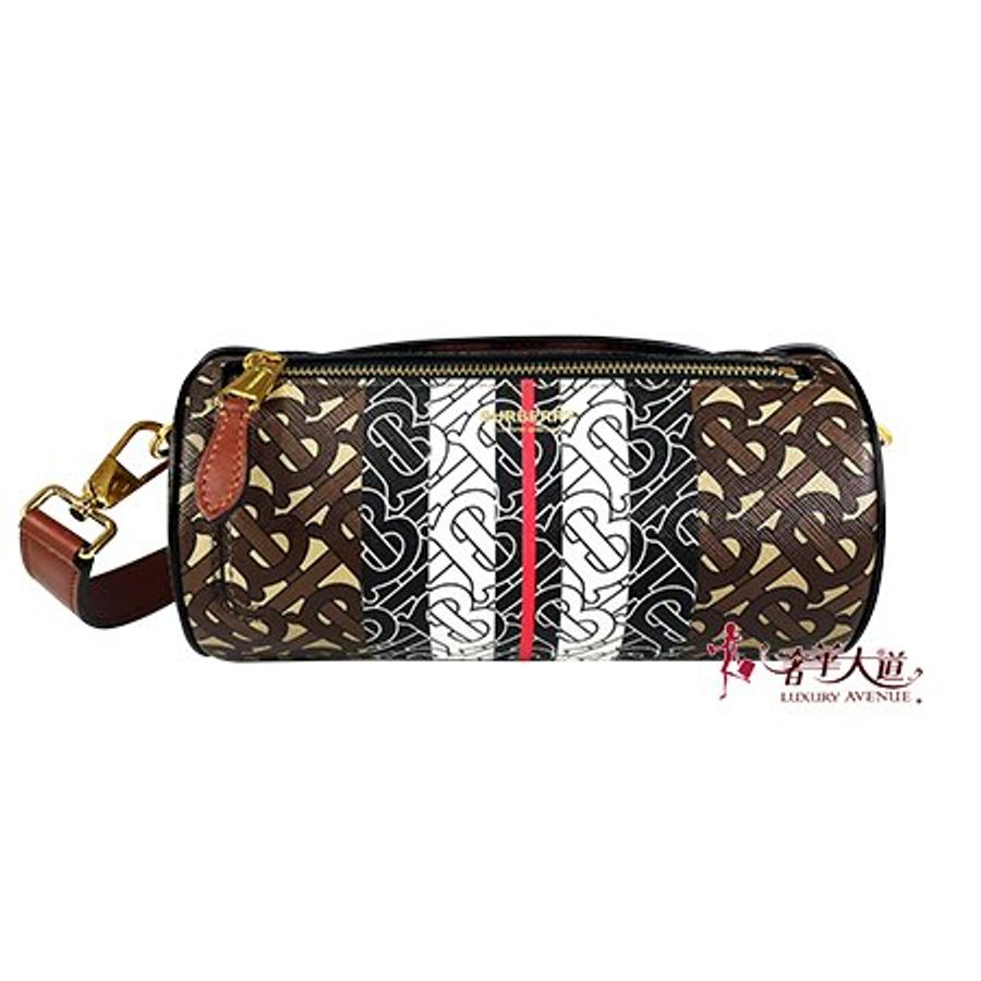 BURBERRY PVC 黑拚棕色 TB老花 LOGO 圓桶手提/斜背兩用包-0