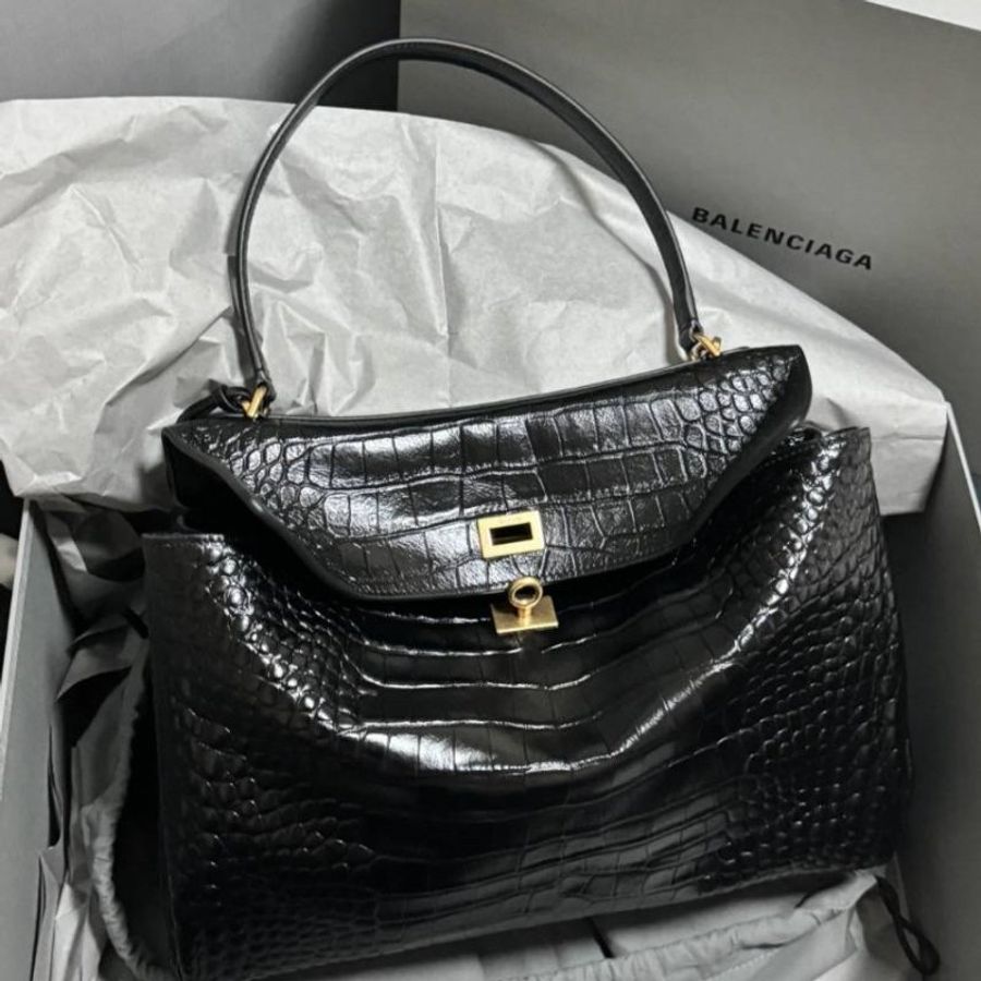Balenciaga Rodeo 中款黑色鱷魚壓花手提肩背包-0