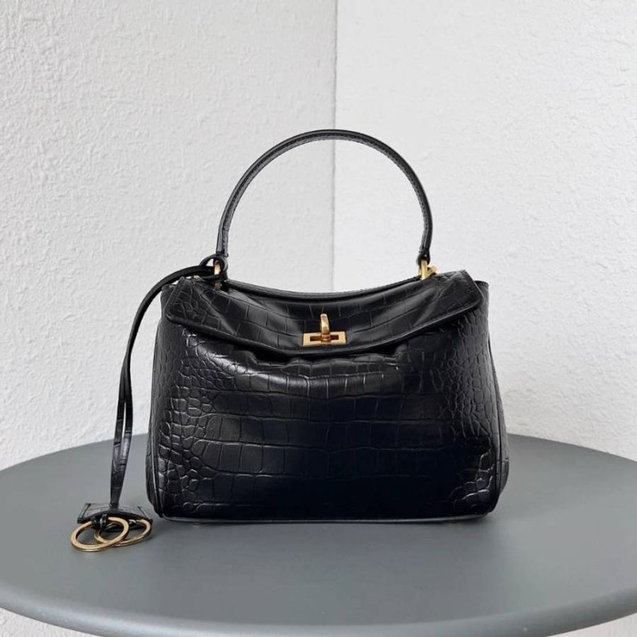 Balenciaga Rodeo 中款黑色鱷魚壓花手提肩背包-1