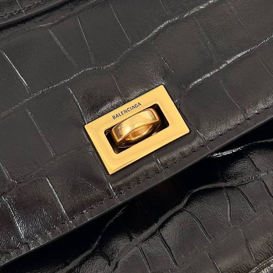Balenciaga Rodeo 中款黑色鱷魚壓花手提肩背包-3