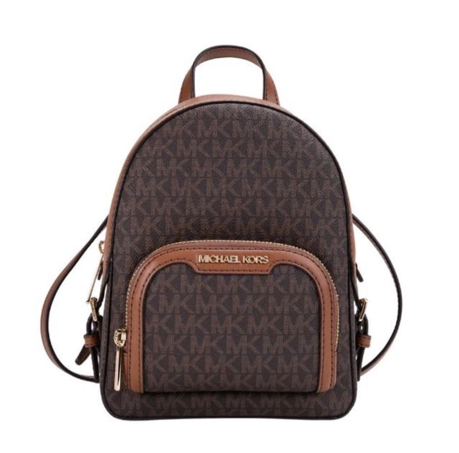 Michael Kors 滿版MK LOGO印花前口袋迷你多功能斜背包後背包(深咖)-0
