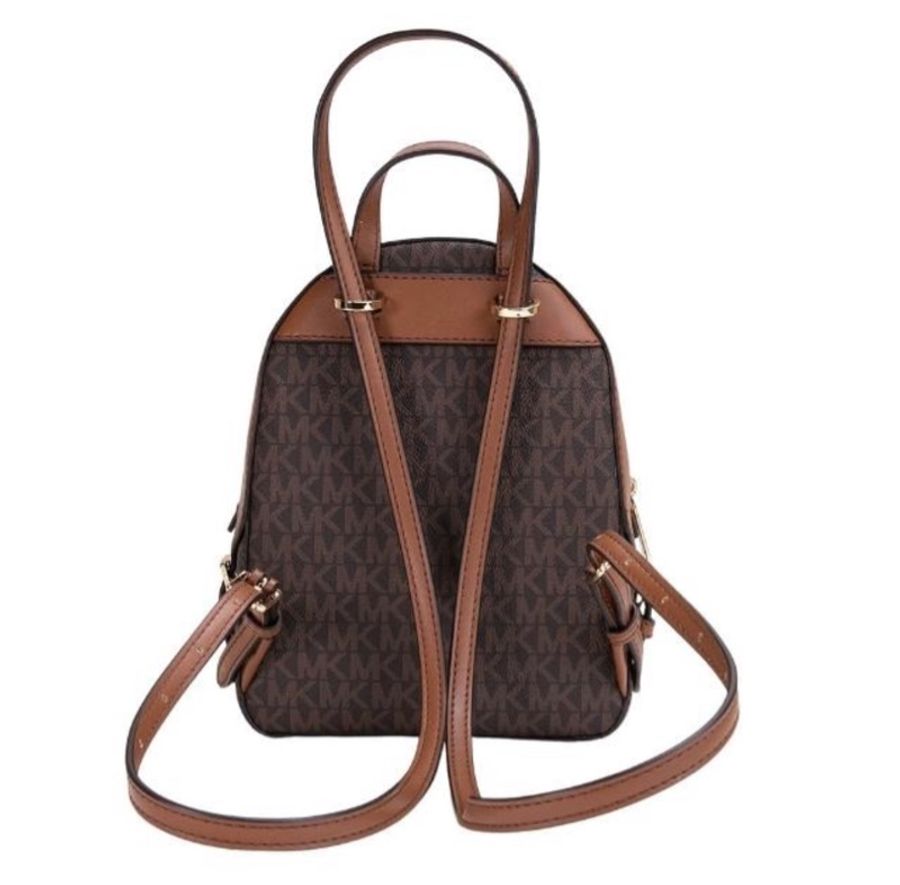 Michael Kors 滿版MK LOGO印花前口袋迷你多功能斜背包後背包(深咖)-2
